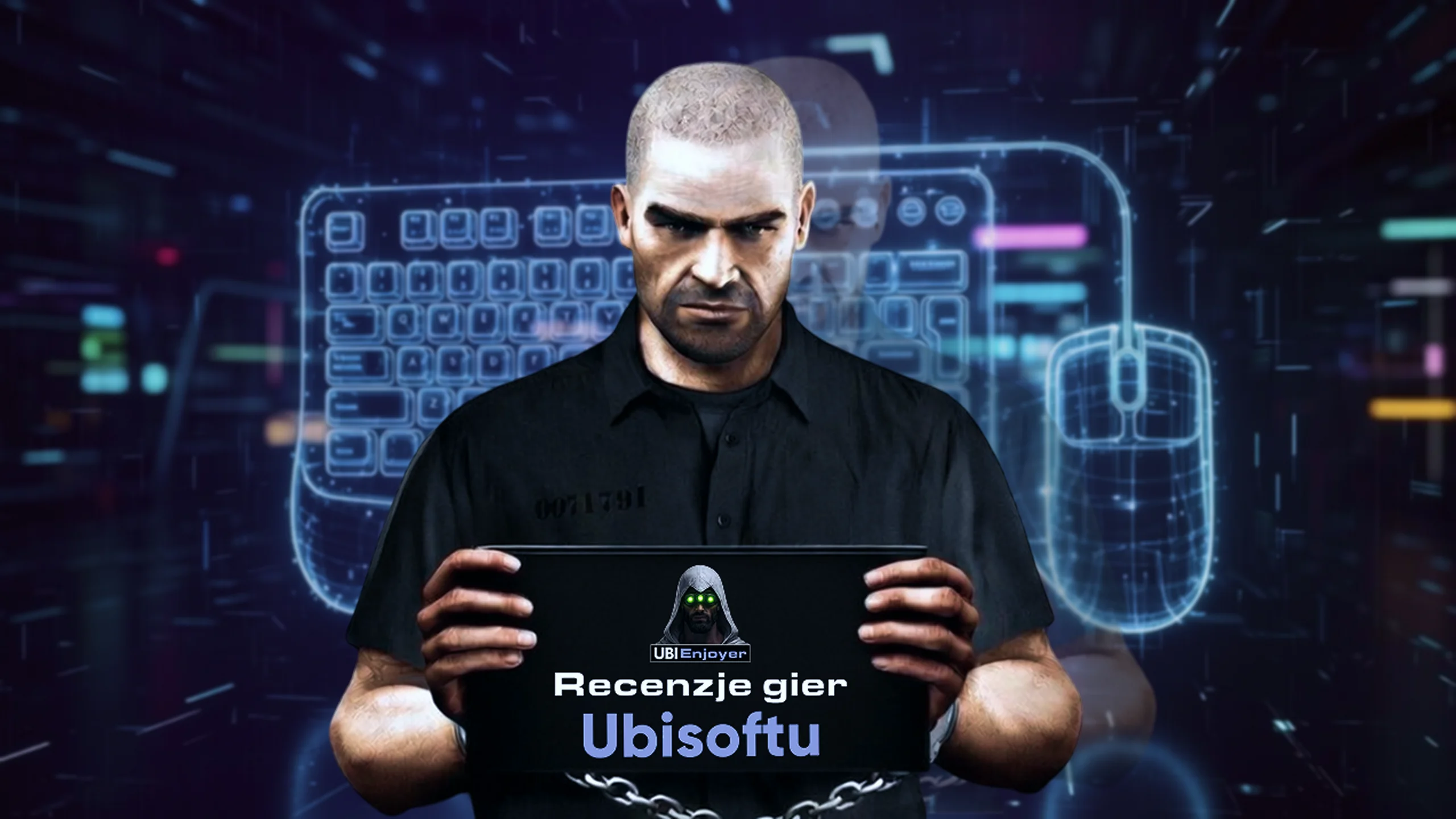 Sam Fisher z tabliczką Ubi Enjoyer
